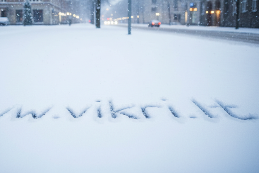 Mieste krenta sniegas, kur ant sniego parašyta www.vikri.lt